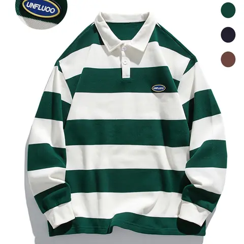 Gen Z Men's Striped Polo Shirt, Comfortable Loose-Fit Preppy Style, Casual Comfy Collared, Perfect for Spring & Fall, Ideal for School & Outdoor Activities