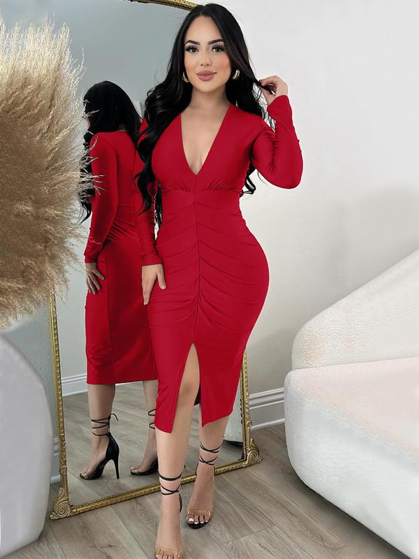 Women's Plain Deep V Neck Dress, Bodycon Stretch, Elegant Fashion Casual Long Sleeve Vneck Dress for Daily Outdoor Wear, Women Dress for All Seasons