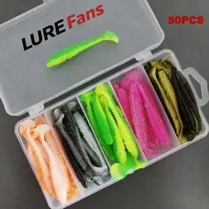 Threaded Soft Fishing Lure, 50pcs Artificial Bait With T Tail, Paddle Tail Swimbait for Trout, Catfish, Salmon, Freshwater and Saltwater Fishing Jig, Outdoor Fishing Accessories, Fishing Lures Kit
