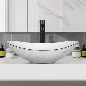 Ceramic Bathroom Sink, White Marble Boat Shape Above Counter Porcelain Vessel Sink BA036