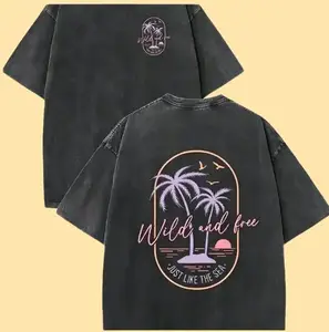Menswear Unisex Heavyweight Washed Cotton-Polyester T-Shirt - Retro Surf Style, Tropical Beach Sunset Palm Tree Print, Light Pink & Orange Vintage Design, Loose Round Neck Shortsleeve, Soft Breathable Fabric, Suitable for Vacation & Surfing, Casual, Styli