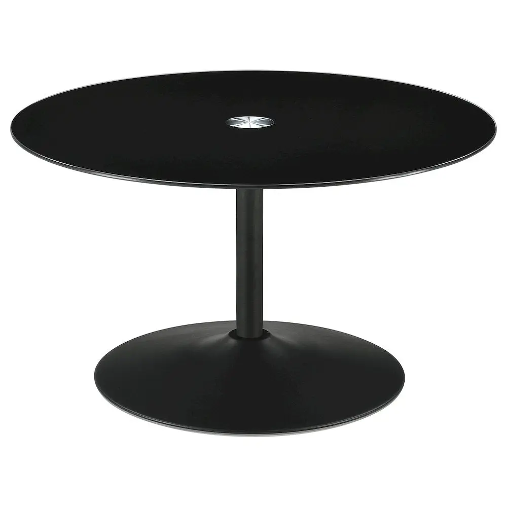 Modern Classic Round Pedestal Metal Coffee Table - Black, Tempered Glass Top, Reliable Foundation, Sculptural Element, Living Space Furniture, Absorbs and Reflects Light