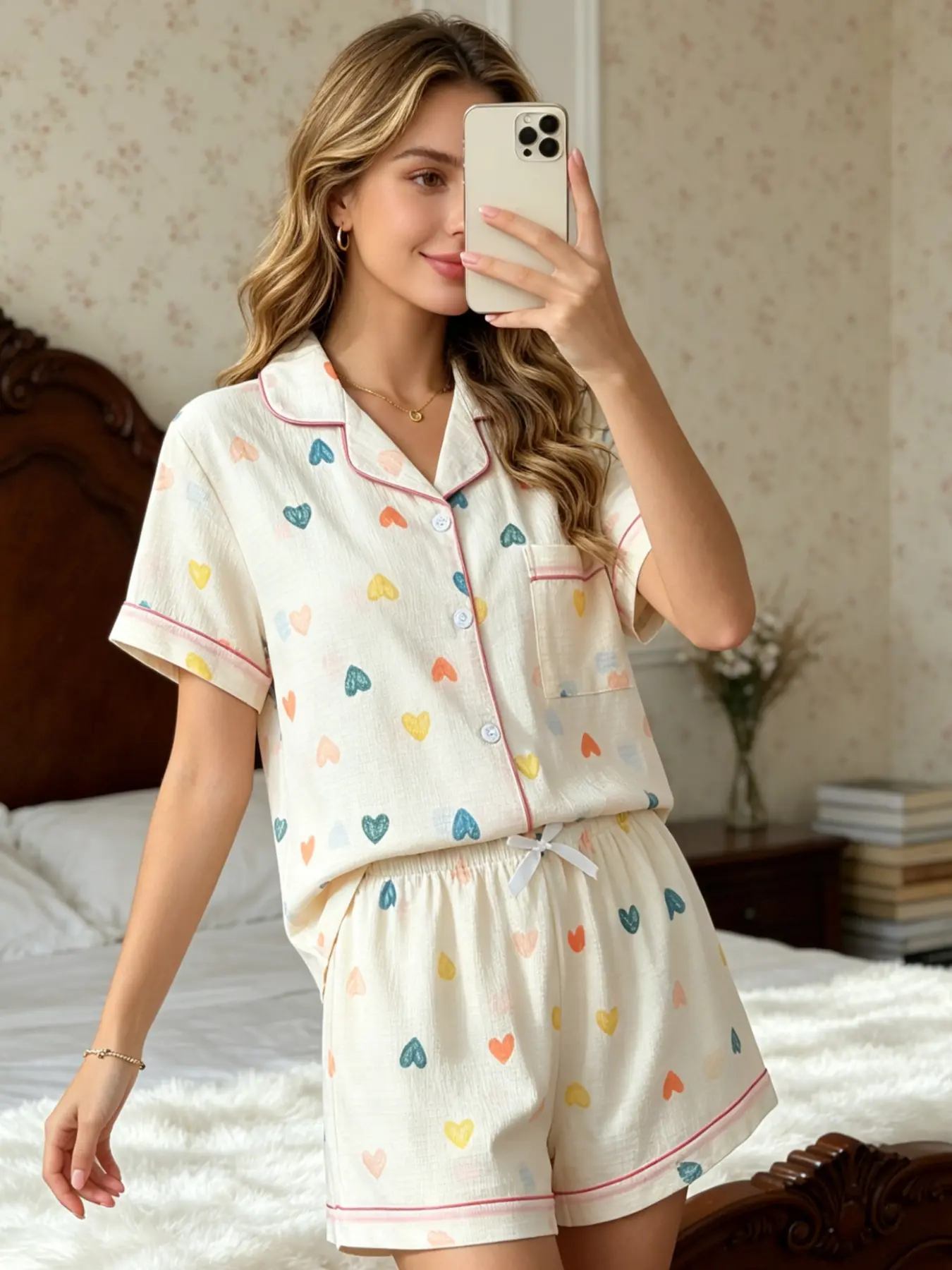 Women's Summer Pajamas Set Cream White Rainbow Heart Print Short Sleeve Button Down Collar Top + Shorts 2 Piece Outfit Soft Cozy Breathable Lightweight Bubble Crinkle Casual Sleepwear Loungewear