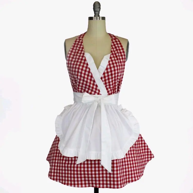 Red and White Sweet Gingham French Maid Hostess Vintage Inspired Retro Gift For Her Apron