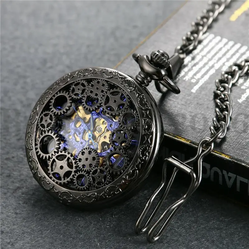 Vintage Steampunk Skeleton Mechanical Pocket Watch Windup Black Men's Women's