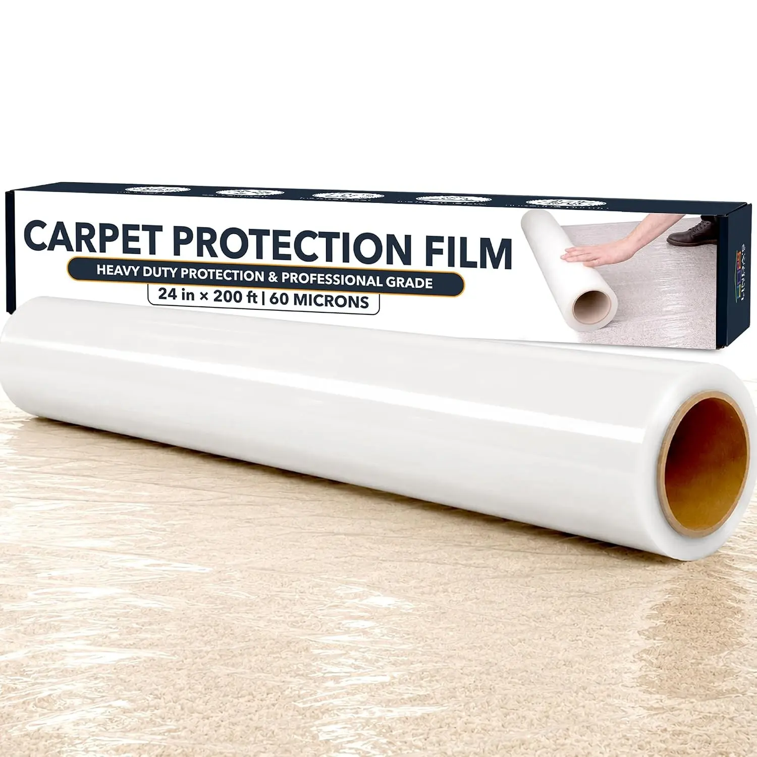 Carpet Protection Film 24" x 200 ft, Clear Self-Adhesive Plastic Carpet Protector Roll, Durable Temporary Stair Carpet Protector, Rug & Floor Protection Tape to Shield Surfaces from Dirt & Spills