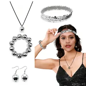 5pc Disco Style Jewelry Set, Includes Earrings, Bracelet, Headband, Necklace, Perfect for Retro Disco, Christmas, Halloween, Parties, Music Festivals