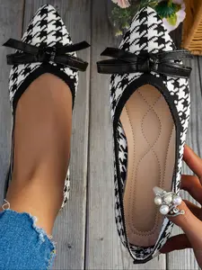 Women's New Pointed Toe Scandinavian Ballet Flat Shoes, Fashion Classic Design, Geometric Pattern, Bow Decor, Bow Accent, Breathable Mesh, Slip-On, Casual Wear, All Seasons