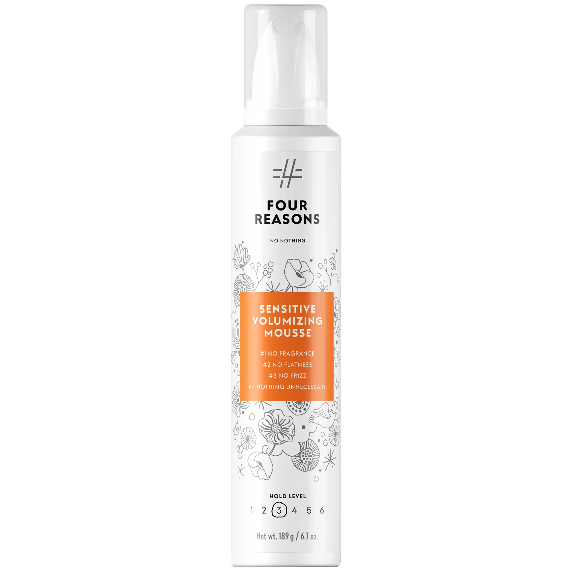 Four Reasons No Nothing Sensitive Strong Mousse, Fragrance-Free Hair Styling for Sensitive Scalp, Volume, Strong Hold and Frizz Control, 6. oz