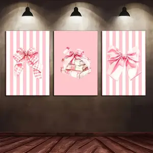 3 pieces of pink bow and stripe, decorative art, classic, modern style, fashionable theme poster, suitable for home office, living room, bedroom, kitchen decoration 2D flat frameless painting