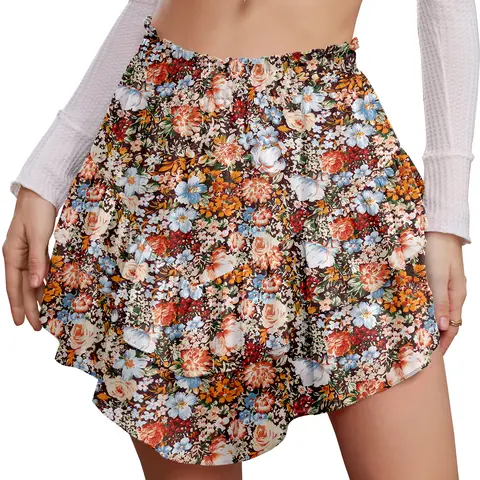CYiNu Cute Women's High-Waisted Floral A-Line Chiffon Mini Skirt - Tiered Ruffle Bottoms, Elastic Waist, Lightweight Petticoat Fabric, Granny-Panty Free, Ideal for Dating, New Year, Beach/Dance Daily Casual Wear