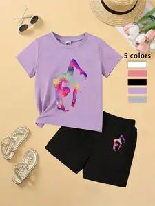 Girls' Starry Gymnastics Girl T-Shirt Shorts Set, Creative Art Print, Comfortable Fabric, Dreamy Style, Summer for Kids