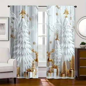 2-Piece set, 2D flat Christmas curtains, golden reindeer and decorative design, light-filtering polyester curtain, modern rod bag window treatment, suitable for living room and bedroom study home decoration, easy to clean, Interior Decoration Accessories