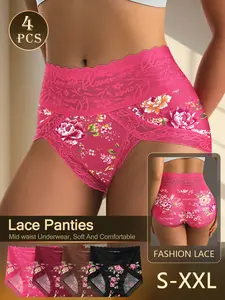 QUASTI 4-Piece Mid-Waist Color Block Lifting Elegant Lace Print Women's Panties, Lightweight, Seamless, Breathable, Skin-Friendly Fabric, Full Hip Coverage, Comfortable Fit Womenswear, Sizes S-5XL