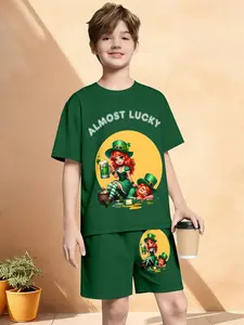 Teen Boys St. Patrick's Day Short Set - "Almost Lucky" Leprechaun Couple Print Green Outfit