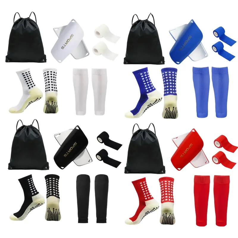 5/10 Pcs Soccer Training Gear Set for Men Youth - Anti Slip Grip Socks with Shin Guards and Sleeves, Cohesive Bandage, Drawstring Bag Football Athletic Pack