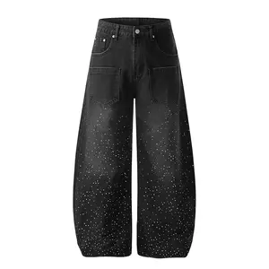 Men's Black Rhinestone Baggy Jeans, Y2K Wide Leg Denim Pants with Ombre Sparkle Design, High Waist Casual Streetwear Trousers