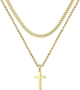 Layered Cross Necklaces for Men - 18K Gold Plated Cross Necklaces Chain for Men Boys Gifts, Silver Rope Chain Layered Necklace Jewelry, First Communion Gifts for Boys