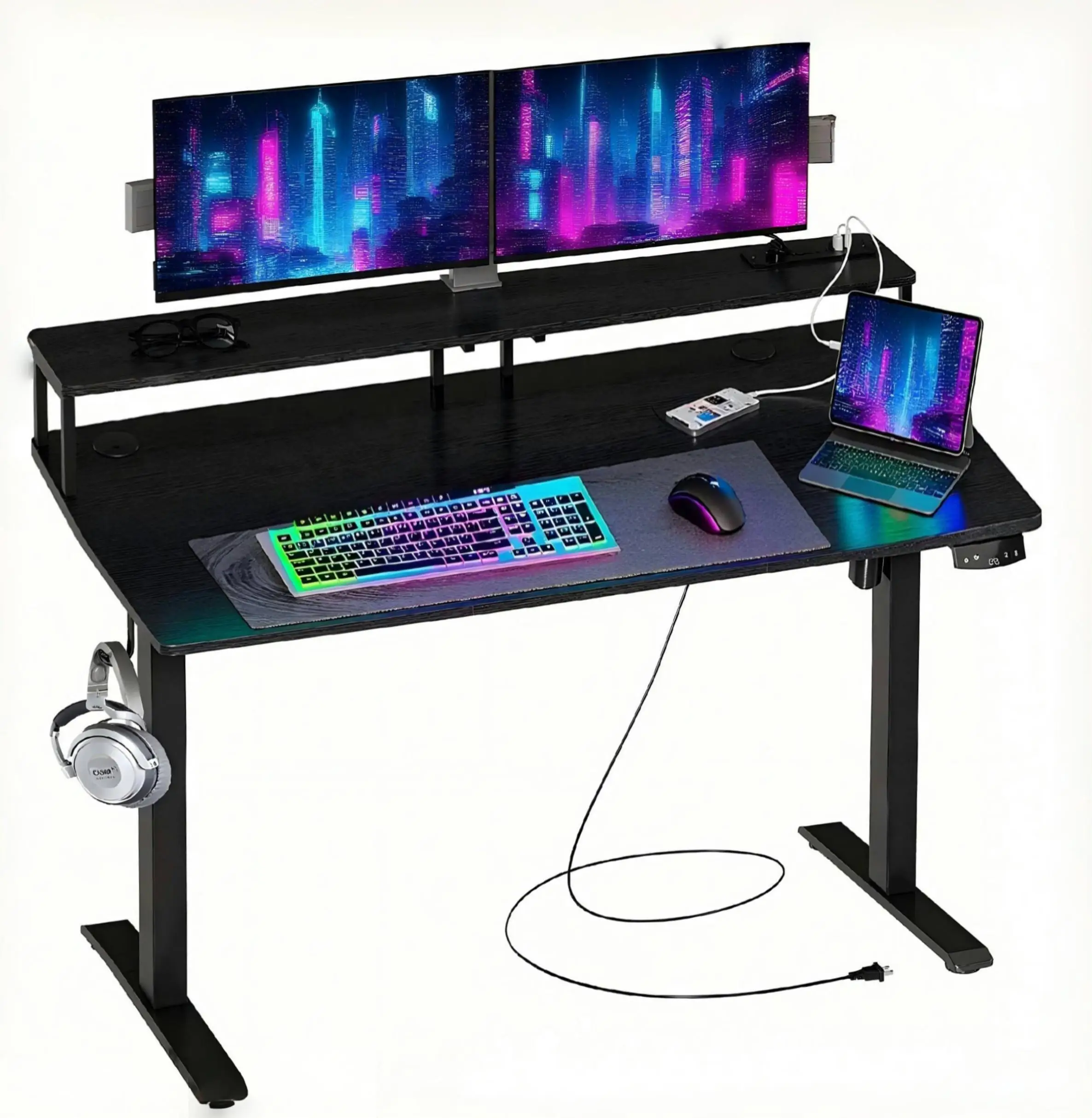 Mr IRONSTONE Standing Desk with Drawers & Power Outlets, Electric Gaming Desk with Monitor Stand, Adjustable Height, Ergonomic Adjustable Desk with Me