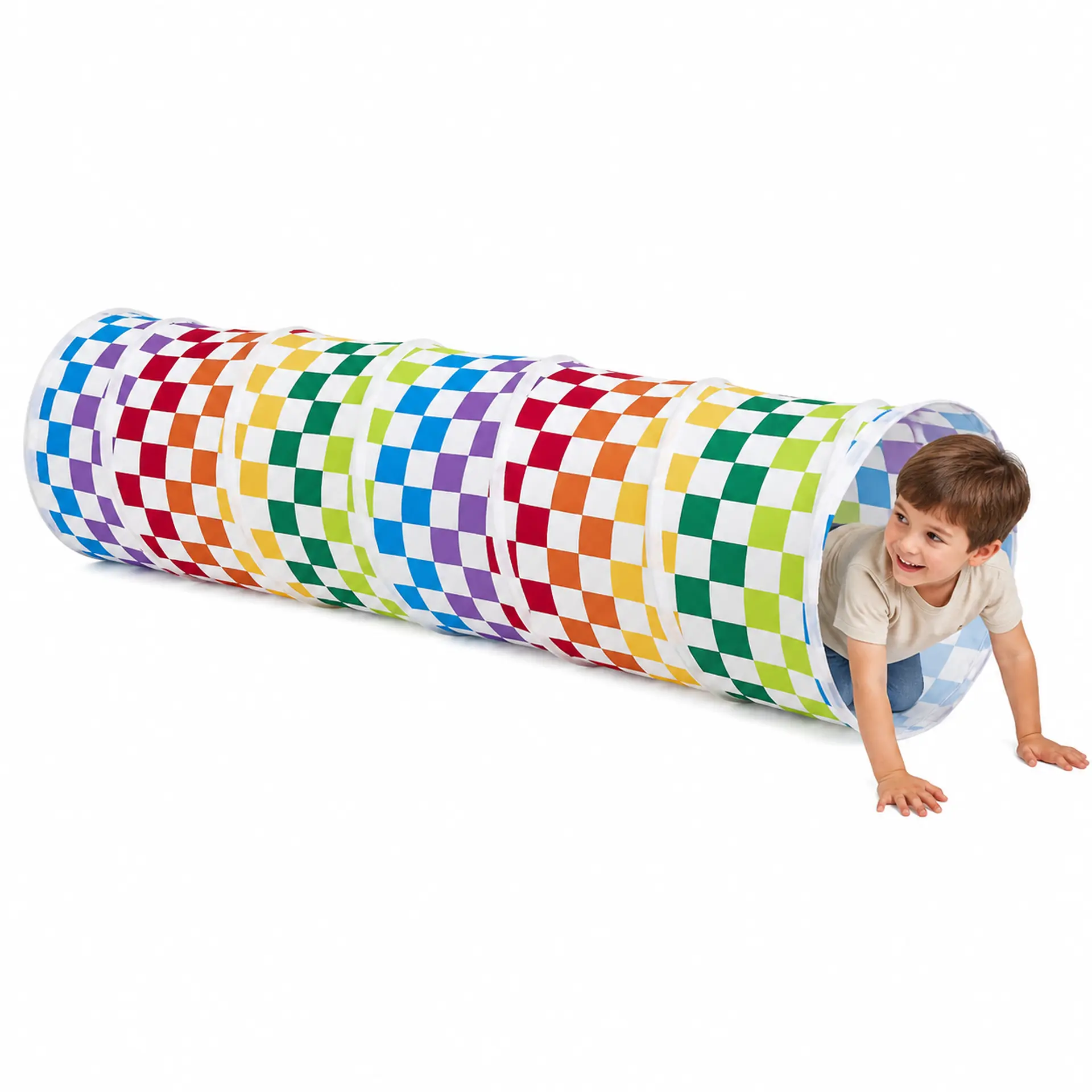 Sumbababy Kids Play Tunnel, Pop-Up Crawl Tunnel, Rainbow Checkerboard Indoor Activity Toy, Peach Skin Fabric, 5.7 ft x 18 in, Foldable with Carry Bag, No Assembly