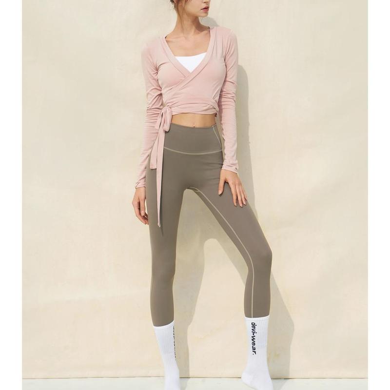 Women Solid Color Dance TopsFit Wrapped V Neck Tie-up Long Sleeve Crop Ballet Cardigan