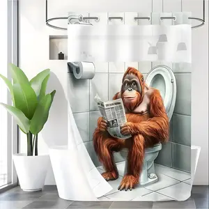 LVRLVR 1pc Funny Humorous Style Toilet Reading Newspaper Orangutan Cartoon Pattern Polyester Double Layer Lined Shower Curtain 70.874 Inches/180188cm