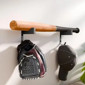 Baseball Bat & Cap Holder Wall Mount Black Wood&Iron Bat Display Hanger with Hooks for Caps Gloves, Wall Hanging Hooks for Living Room Bedroom Entryway Garage, Gift for Baseball Fans