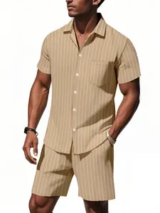 Summer Linen Two-Piece Set for Men, Striped Loose-Fit Short Sleeve Shirt and Beach Shorts, Casual for Hot Weather, Outdoor