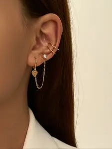 Elegant Women's Earring Set, 2-Piece Simple Dual-Layer Ear Cuff Heart-Shaped Dangle Crown Artificial Zircon Studs, Metal Style Jewelry Gift