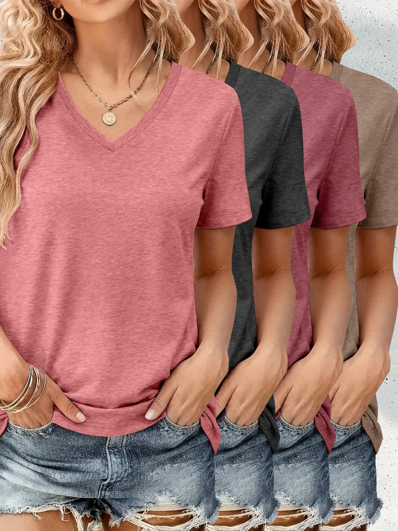 Women's V-Neck Short Sleeve T-Shirt 4-Piece Set, Casual Fitted Unlined No-Collar No-Button Solid Color Top, Casual Trendy Tee, Suitable for All Seasons