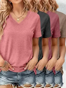Colorful Cotton V-Neck Short Sleeve T-Shirt 4-Piece Set, Casual Fitted Top, Solid Pattern, All Seasons, No Button or Collar, Womenswear
