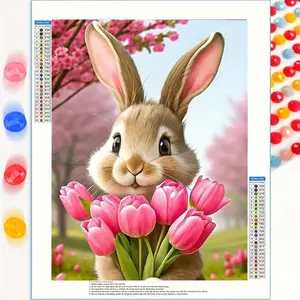 5D DIY Frameless Round Diamond Painting Kit - Cute Rabbit with Pink Tulips, Cartoon Theme Mosaic Art for Home Decor, Perfect Gift for Father'S Day, Christmas, Mother'S Day, Birthdays & Anniversaries, Rabbit