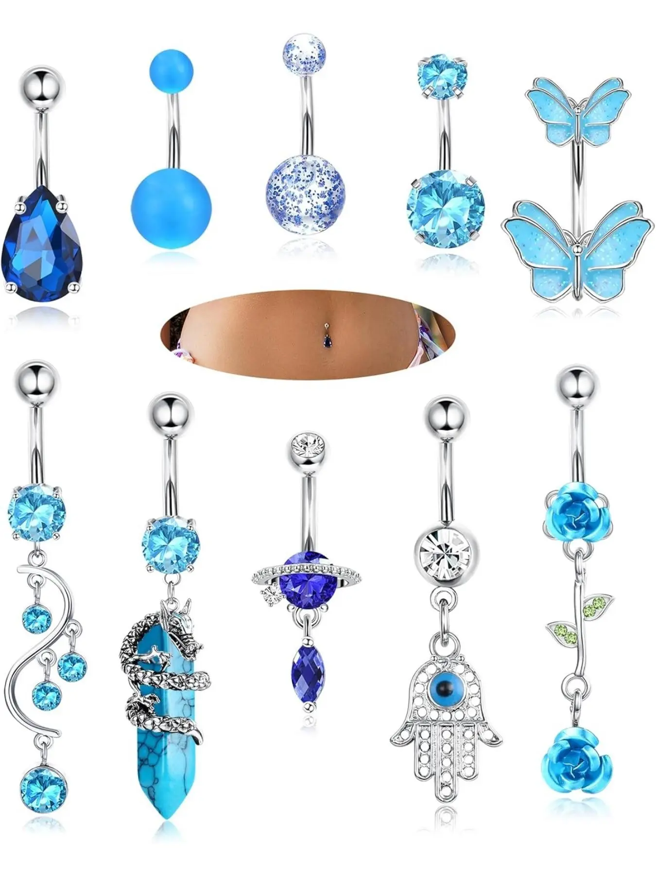 10pcs Cute Belly Button Rings, Surgical Stainless Steel Cz Heart Dragon Butterfly Dangle, Navel Rings for Women, Barbell Piercing Jewelry, Body Jewellery