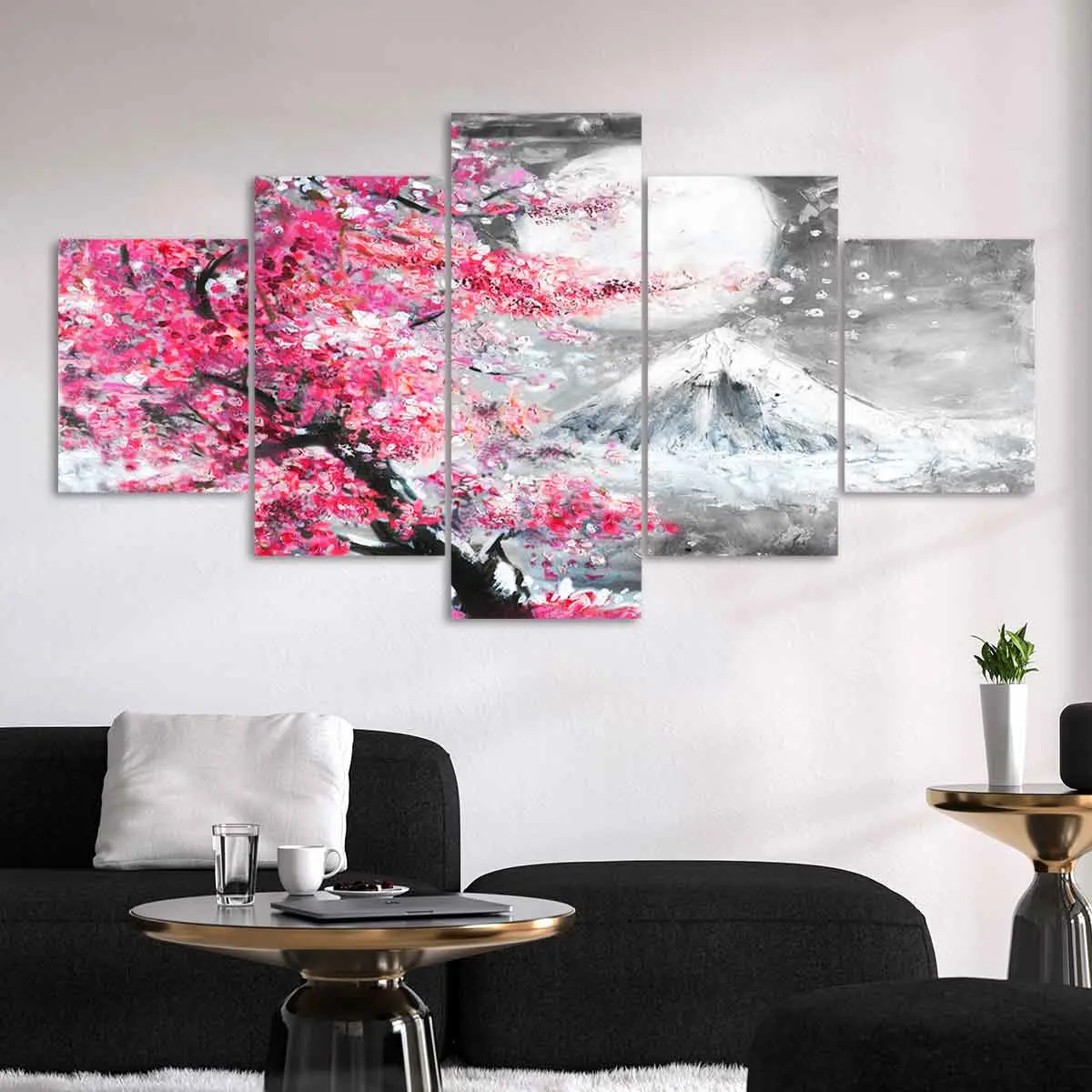 Cherry Blossoms & Moon & Fuji Mountain Pattern Abstract Design Canvas Painting, 5 Counts/set Modern Art Poster, Unframed Wall Art Decor Decoration for Home Living Room Bedroom Office, Ornaments