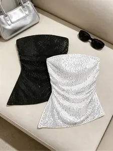 Women's Sequin Bandeau Sleeveless Crop Top 2-Piece Set