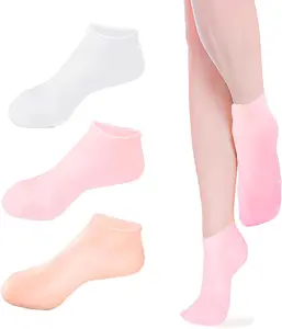Moisturizing Silicone Socks for Dry, Chapped Feet - Repair, Soften and Restore Rough Skin - Aloe Vera Gel Infused Socks for Women and Men - Pink & White & Skin Tone, 3 Pairs