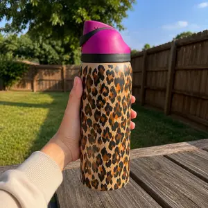 Leopard Heart FreeSip Style 32oz Water Bottle, Cute Animal Print Insulated Tumbler With Pink Lid, Gift for Women Her Birthday