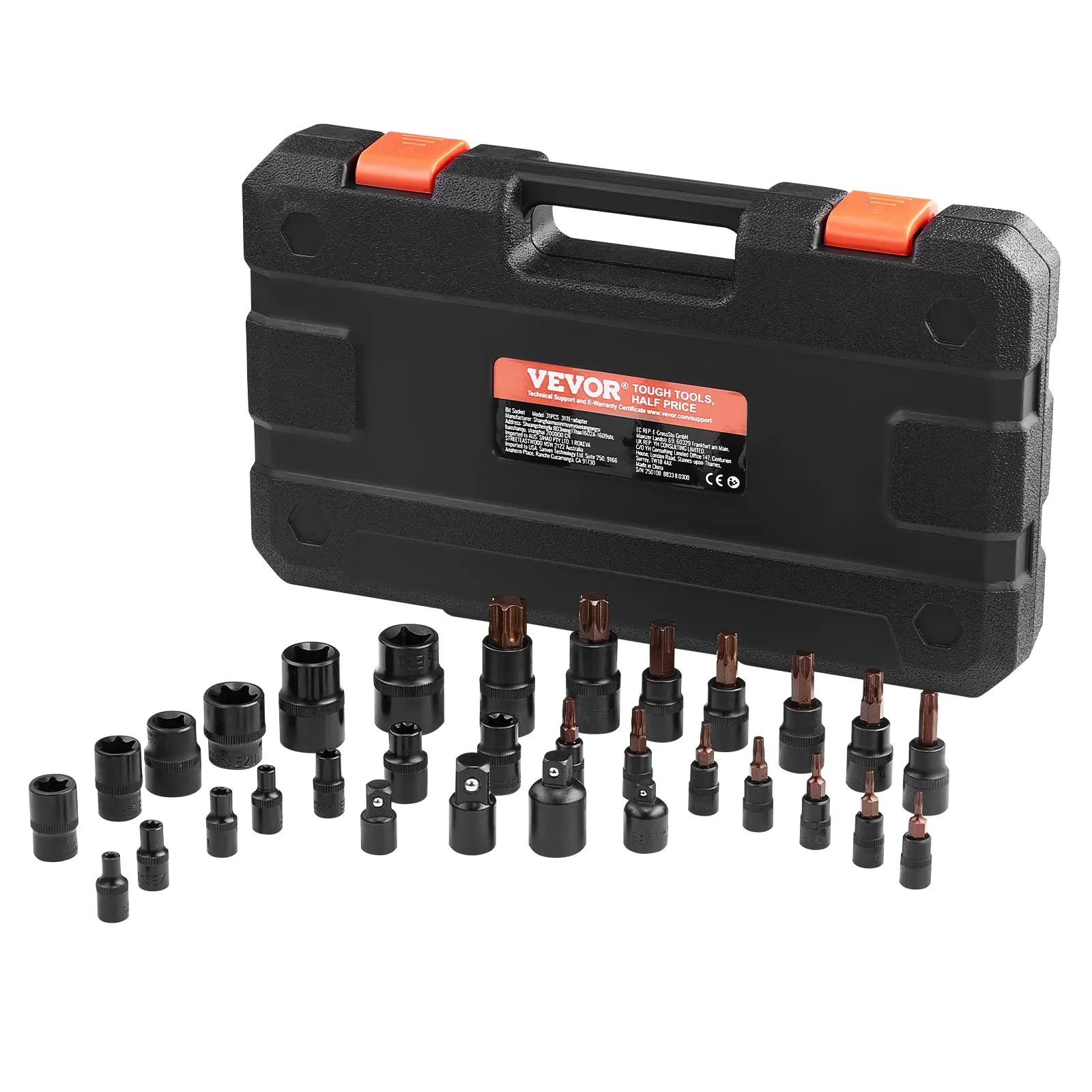 【summerfinds】VEVOR 31-Piece Torx Bit & External Torx Socket Set - T8-T70 & E4-E24, S2 Alloy Steel & Cr-V Steel, 1/4 in-3/8 in-1/2 in Drives, Standard Ratchet Adapter, Enhanced Storage Case, Father's Day Gift for Automotive Tools
