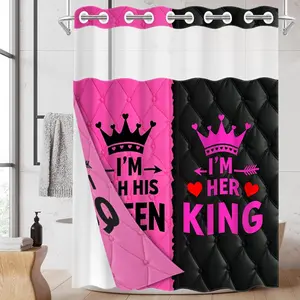 1pc hookless shower curtain with buckle lining, black and pink color blocking QUEENKING pattern design, 2D flat printing, waterproof fabric lining, see-through double-layer shower curtain, 71 x 74 inches, modern home draping curtain.