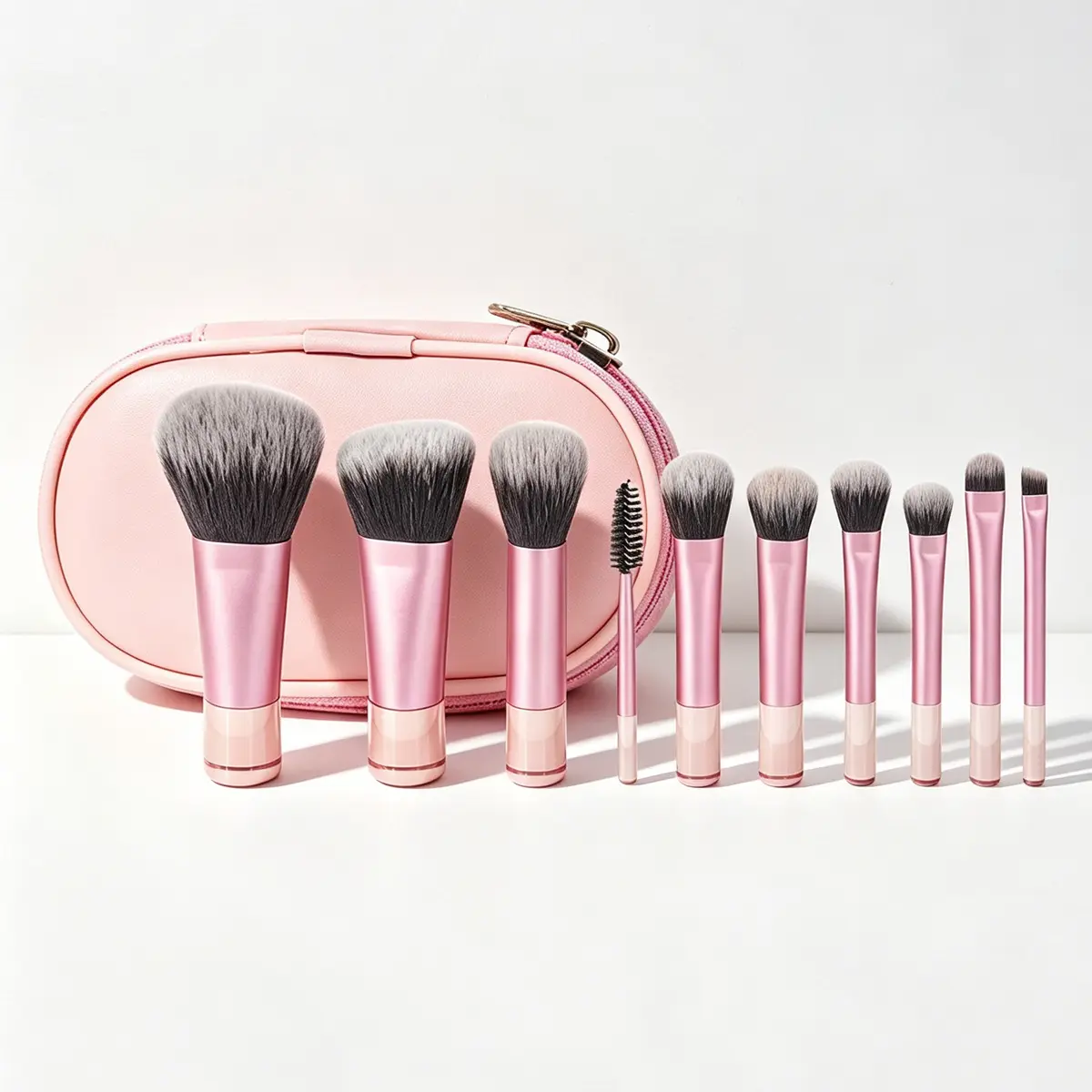 Women's 10-Pcs Mini Pink Makeup Brush Set with Portable Pouch, Professional Cosmetic Brushes for Blush, Powder, Eye Shadow, Travel Essentials Kit