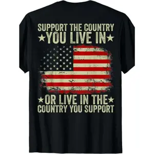 Men'S & Women'S Vintage American Flag T-Shirt - Distressed USA Back Print with "Support the Country You Live In" Slogan, All-Season Comfort, Unisex Casual Round Neck Short Sleeve Shirt for Patriotic Casual Attire & 4th of Ju