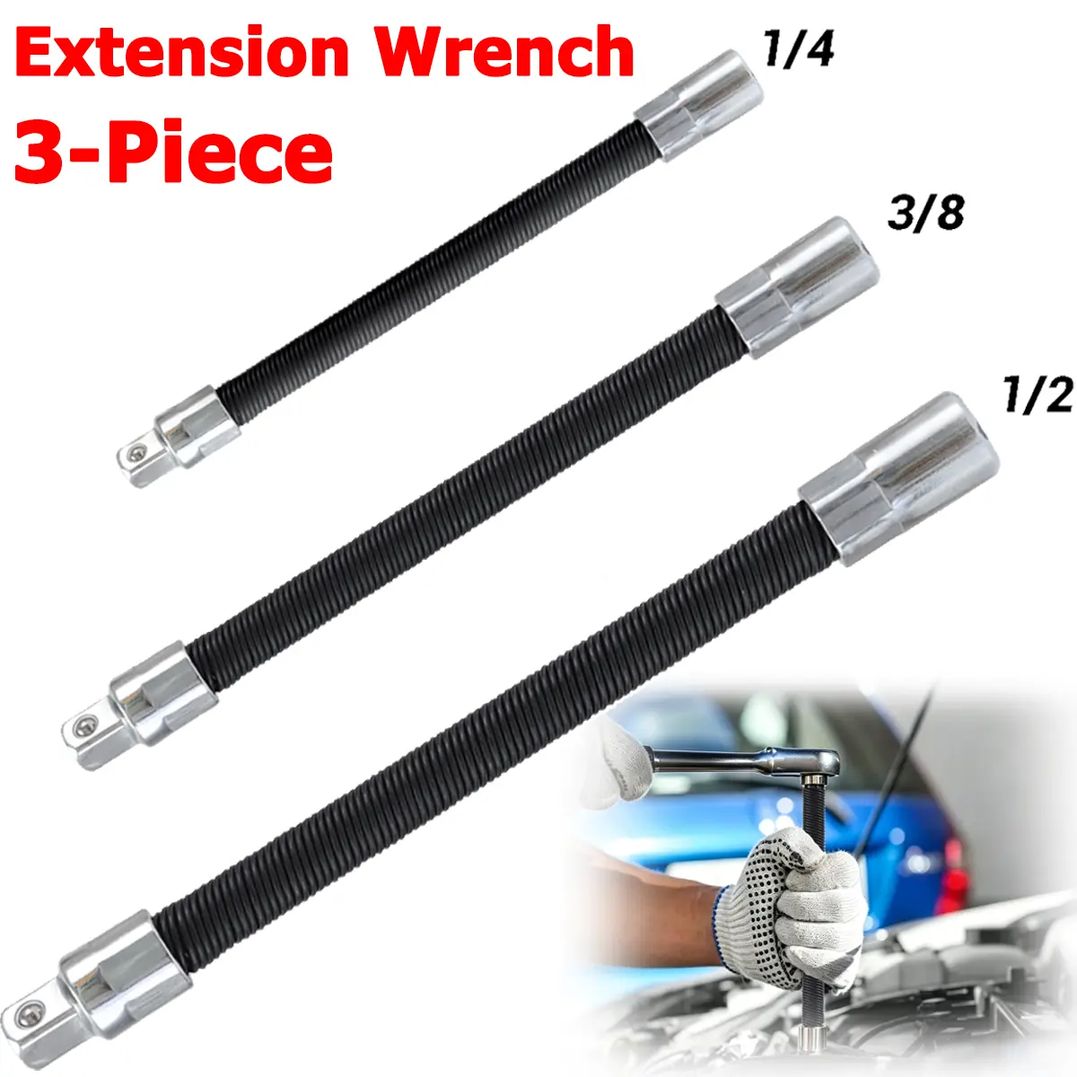 Mechanic's 3-Piece Flexible Socket Extension Bar Set, Shock Absorbent Multi-Drive Tools with 1/2", 1/4", 3/8" Square End Shafts & 10", 8", 6" Lengths for Repair Jobs, Compatible with Impact Ratchet