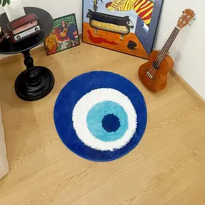 Creative Evil Eye Round Rug | Turkish Style Blue White Turquoise Circular Carpet for Living Room Bedroom Home Decor | Soft Non-Slip Floor Mat Small Area Rug for Entryway Nursery Bohemian Decorative Rug