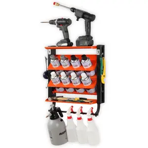 Wall Mount Spray Can Holder Rack, Heavy Duty Paint and Lube Can Organizer with 8 Holes and 2 Shelves for Garage Storage