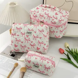 1pc/set pink bow quilted makeup bag, bow heart pattern design, multifunctional handheld makeup bag, fashionable and casual portable makeup bag, large capacity cute toiletry bag, travel storage makeup bag, portable toiletry bag set with zipper