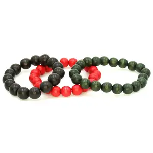 Dark Green/Dark Red/Choclate Brown Wood Bead Bracelet Stack - Men's & Women's