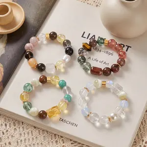5Pcs Natural Crystal Beaded Bracelet for Women Citrine Tiger Eye Rose Quartz Clear Quartz Stretch Bracelet Lucky Energy Healing Gemstone Jewelry Gift