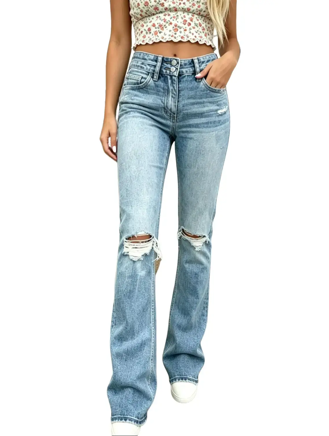 Women's Vintage Stretch Front Ripped Cuffed Jeans - Comfortable Fit, Classic Style, Everyday Wear | Womenswear Bottoms Pants