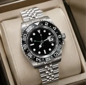 Dual Time Zone Automatic Mechanical Watch with authentice loge and the box | Black Ceramic Bezel Five-link Stainless Steel Men Wristwatch with Date Display