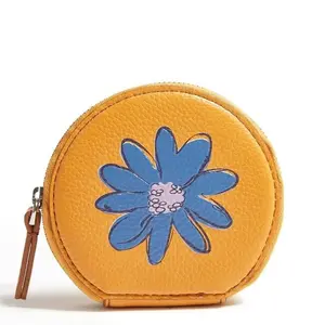Vera Bradley Essential Round Zip Pouch Faux Leather Sunflower Yellow Blue Daisy